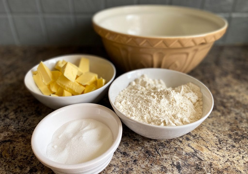 Ingredients for shortbread - flour, butter, sugar