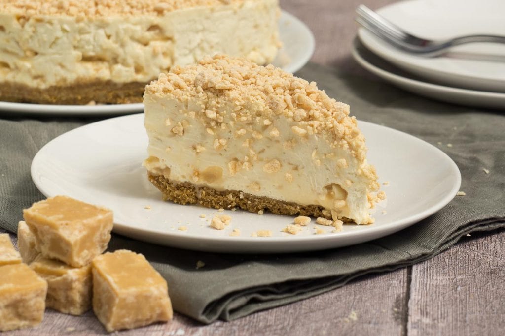 Slice of Scottish Tablet Cheesecake on a plate