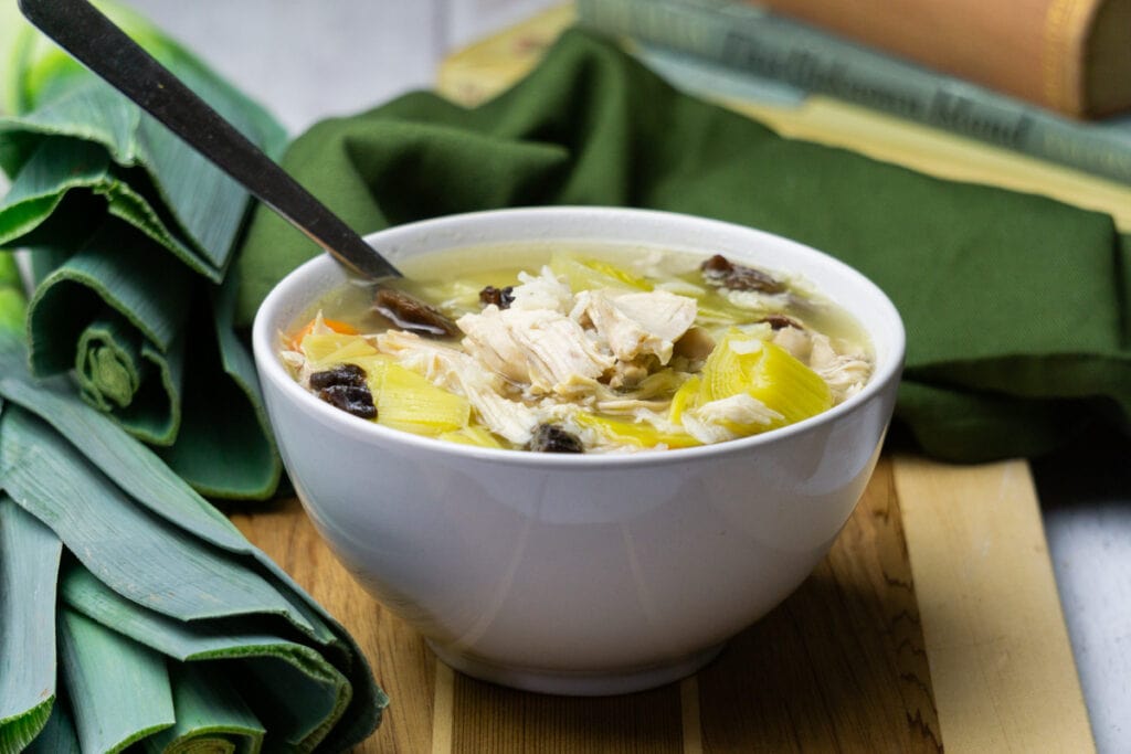 Cock-a-leekie soup recipe in a bowl